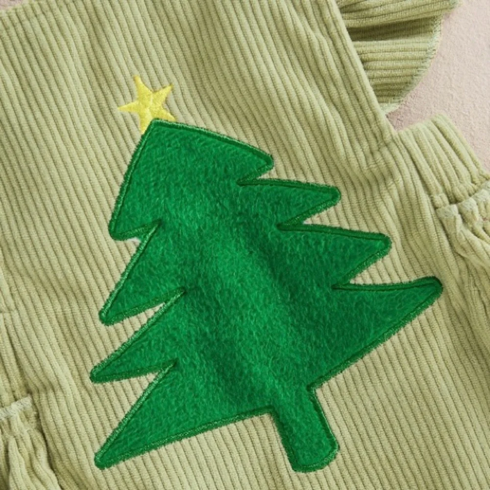 Girls Green Embroidered Christmas Tree Corduroy Overalls Romper/Jumpsuit Sz 3-6M